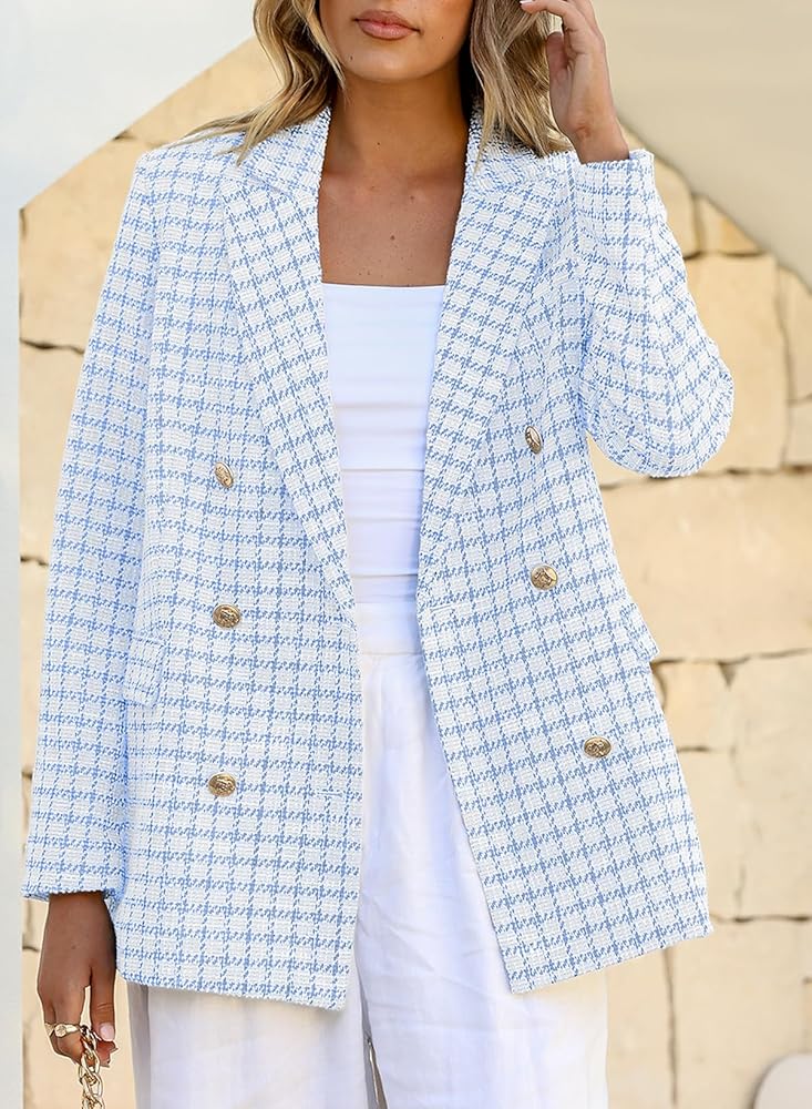 BLUELEA ブルレア　Double button tweed jacket Tweed Double Breasted Dark Blue Blazer With Gold Buttons